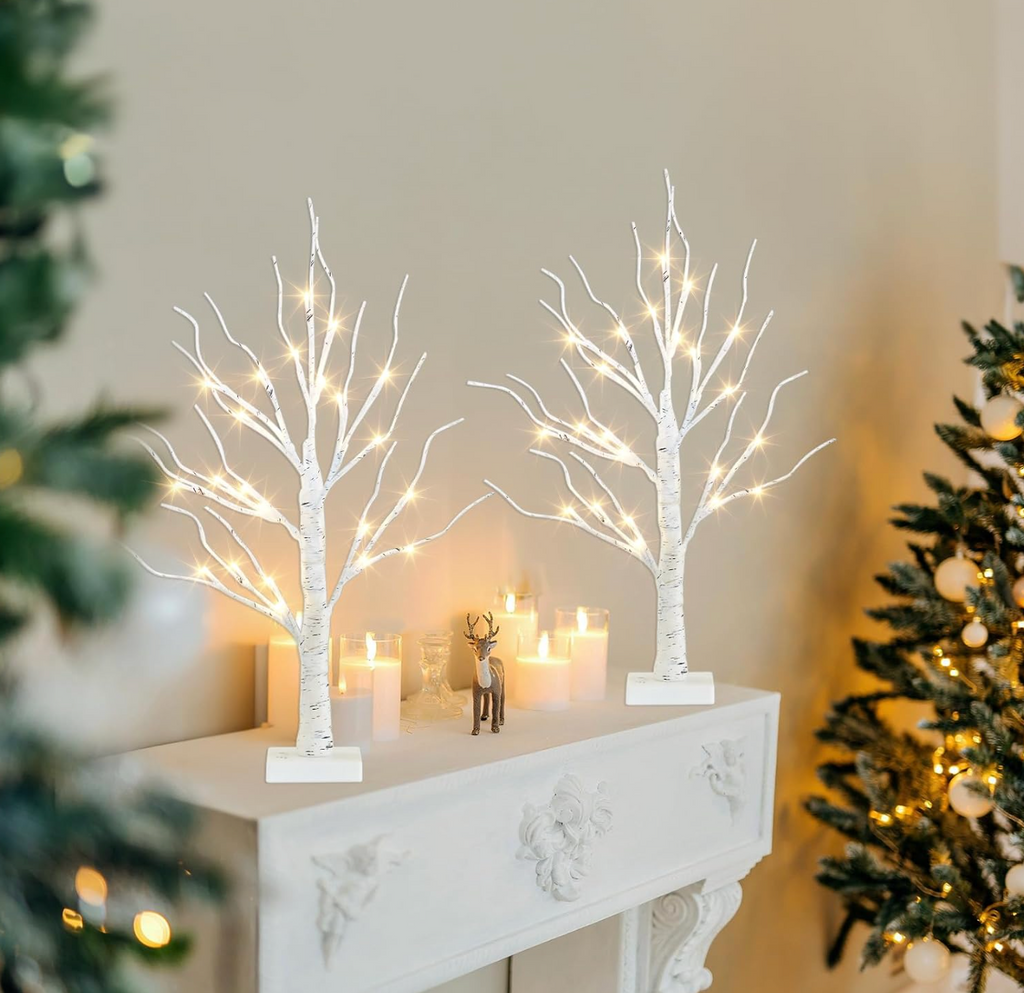 Christmas Decorations, 2FT Birch Tree with LED Lights, Warm White Light up Tree Lamp, Artificial Trees for Home Table Inside, Battery Powered
