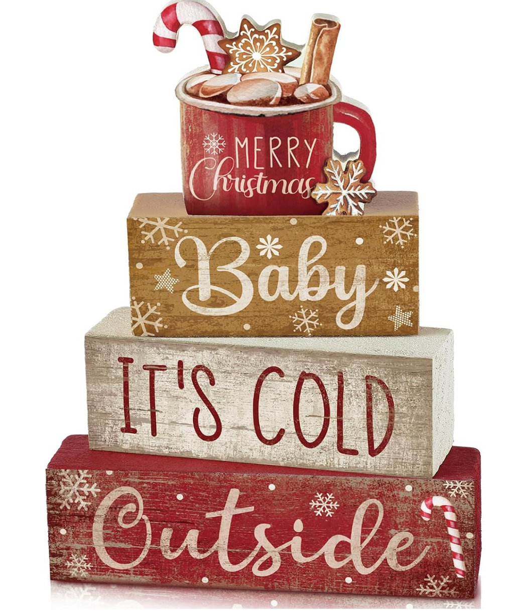 Moucuny 4 Pcs Christmas Table Decorations Indoor, Hot Cocoa Wood Block Sign