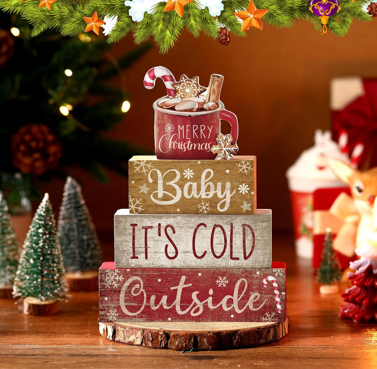 Moucuny 4 Pcs Christmas Table Decorations Indoor, Hot Cocoa Wood Block Sign