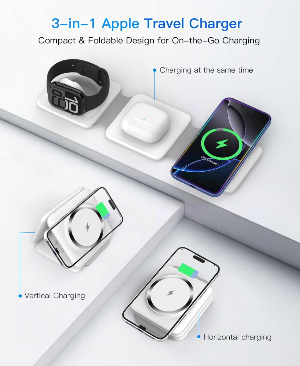 Charging Station for Apple Multiple Devices - 3 in 1 Foldable Magnetic Wireless Charger Dock - Travel Charging Pad for iPhone 17 16 15 14 13 12 Pro Max Plus Watch & Airpods