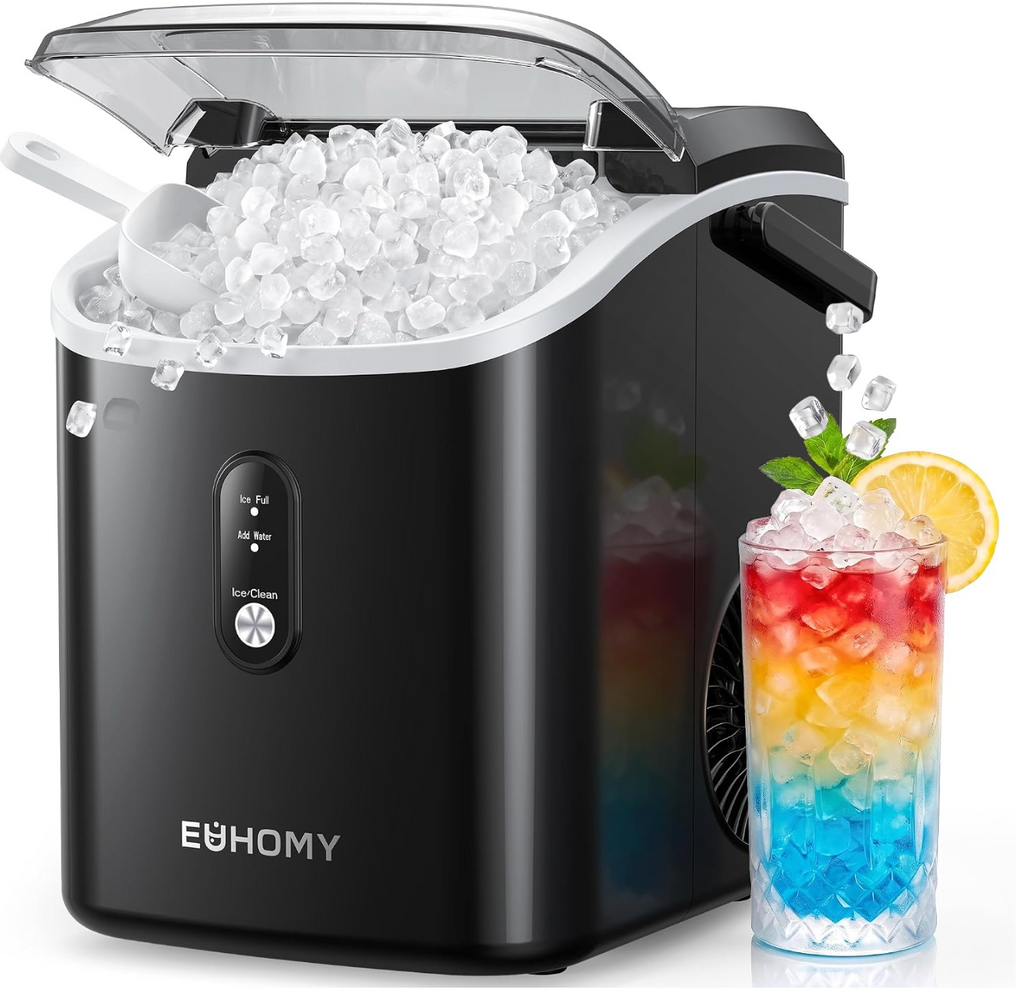 EUHOMY Nugget Ice Maker Countertop with Handle, Ready in 6 Mins, 34lbs Per Day, Removable Top Cover, Auto-Cleaning, Portable Sonic Ice Maker with Basket and Scoop, for Home/Party/RV/Camping (Black)