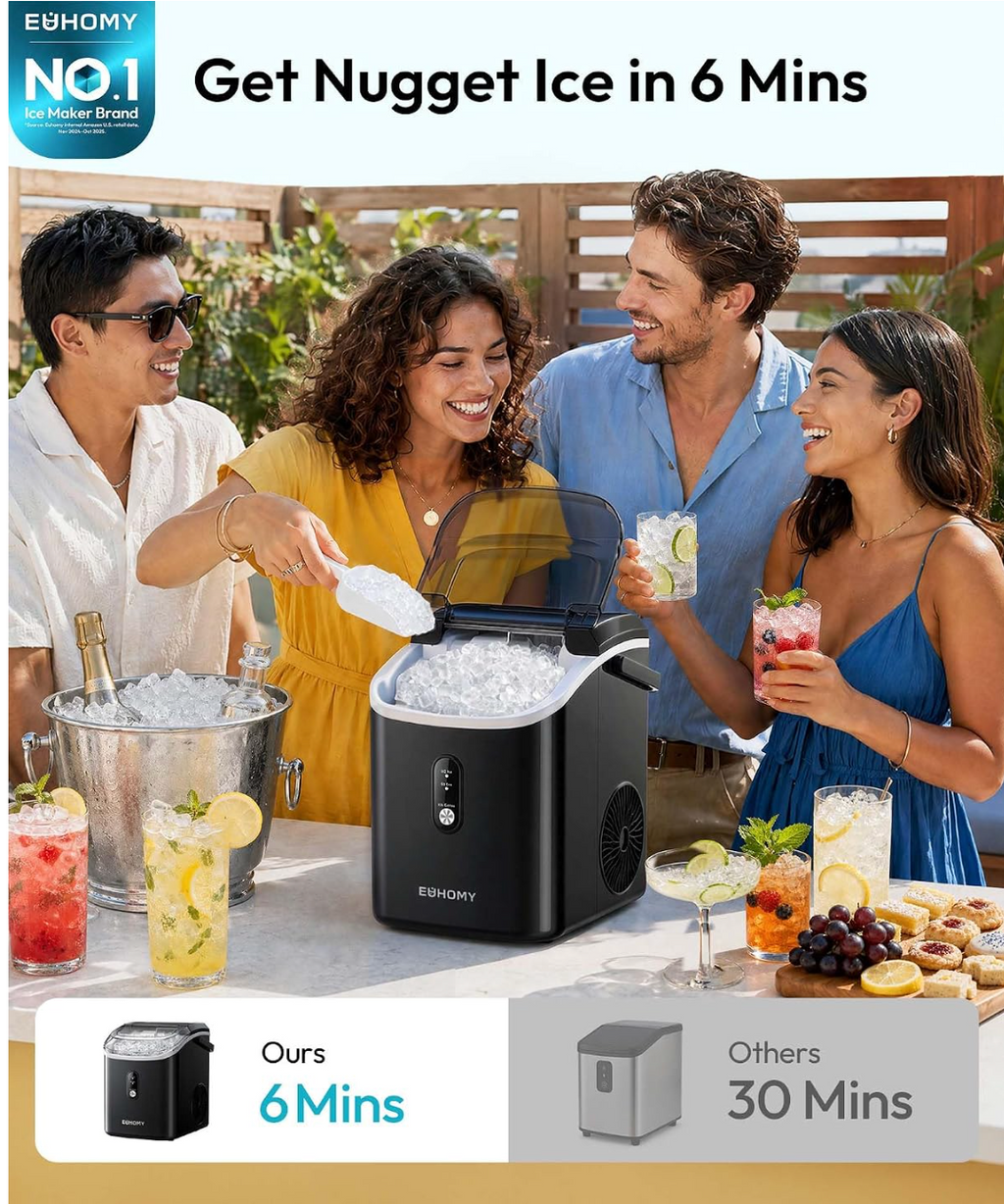EUHOMY Nugget Ice Maker Countertop with Handle, Ready in 6 Mins, 34lbs Per Day, Removable Top Cover, Auto-Cleaning, Portable Sonic Ice Maker with Basket and Scoop, for Home/Party/RV/Camping (Black)
