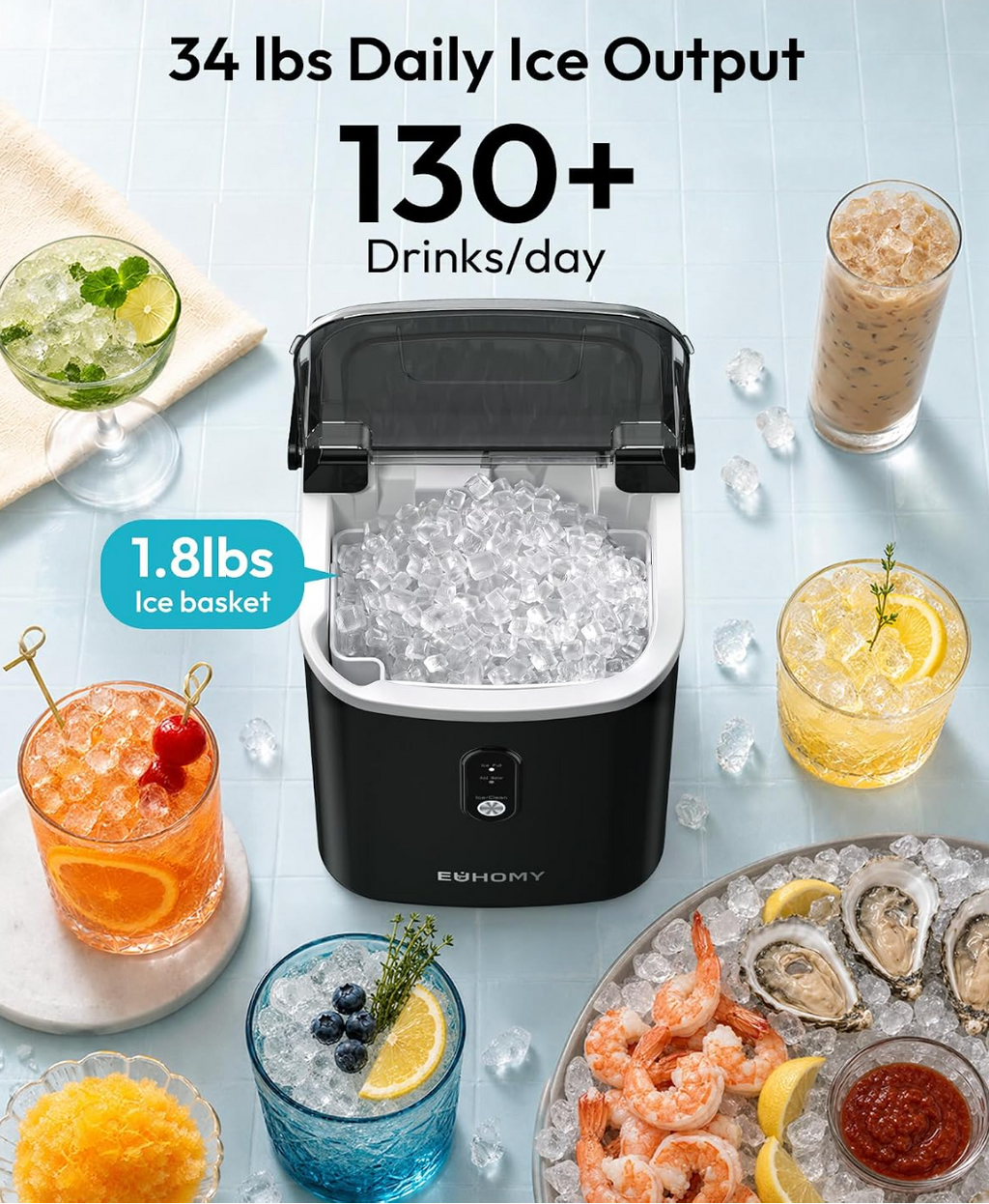 EUHOMY Nugget Ice Maker Countertop with Handle, Ready in 6 Mins, 34lbs Per Day, Removable Top Cover, Auto-Cleaning, Portable Sonic Ice Maker with Basket and Scoop, for Home/Party/RV/Camping (Black)