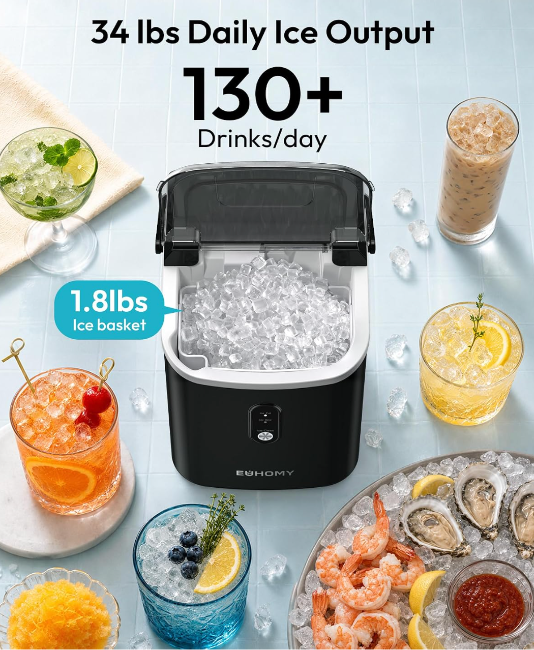 EUHOMY Nugget Ice Maker Countertop with Handle, Ready in 6 Mins, 34lbs Per Day, Removable Top Cover, Auto-Cleaning, Portable Sonic Ice Maker with Basket and Scoop, for Home/Party/RV/Camping (Black)