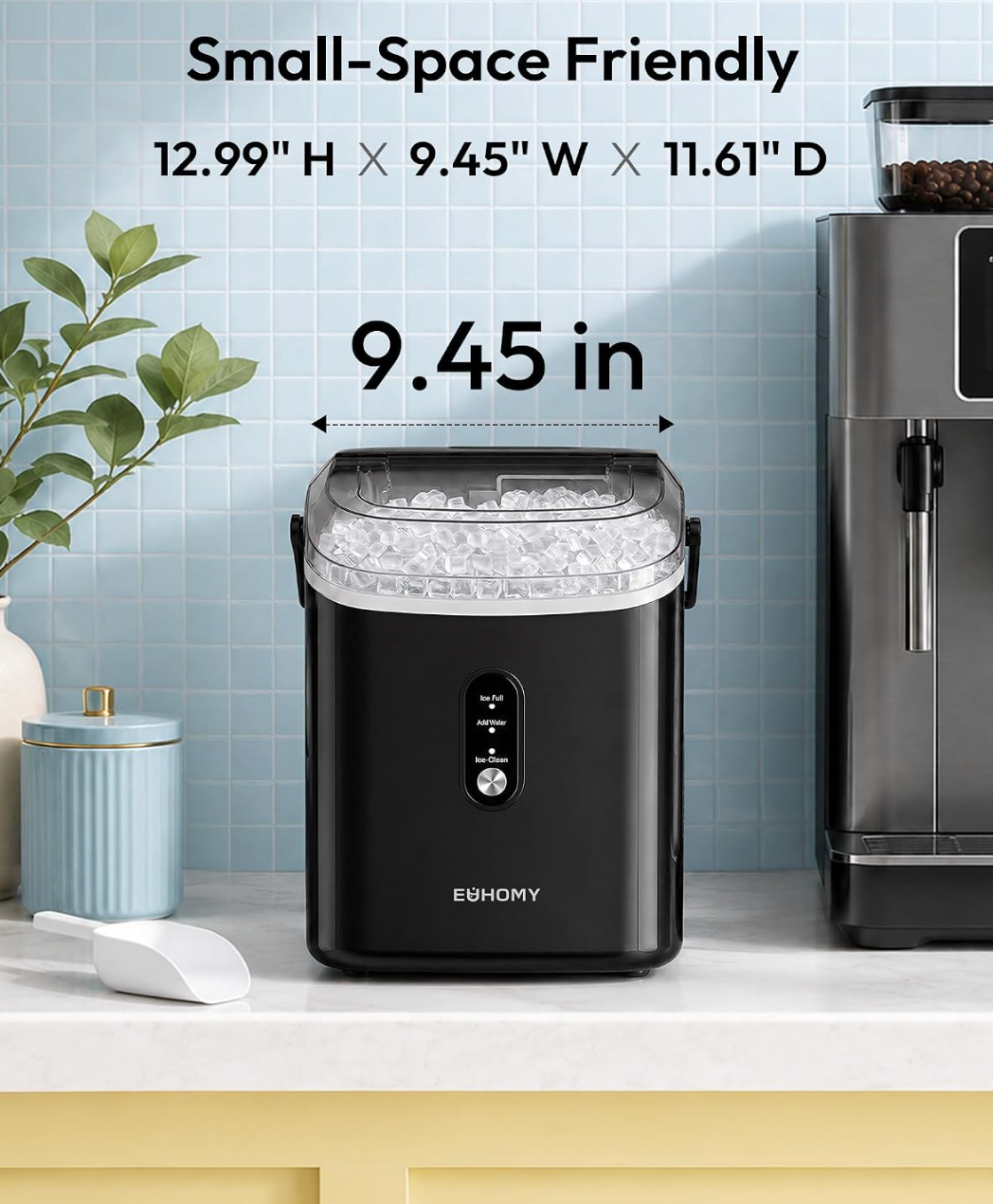 EUHOMY Nugget Ice Maker Countertop with Handle, Ready in 6 Mins, 34lbs Per Day, Removable Top Cover, Auto-Cleaning, Portable Sonic Ice Maker with Basket and Scoop, for Home/Party/RV/Camping (Black)