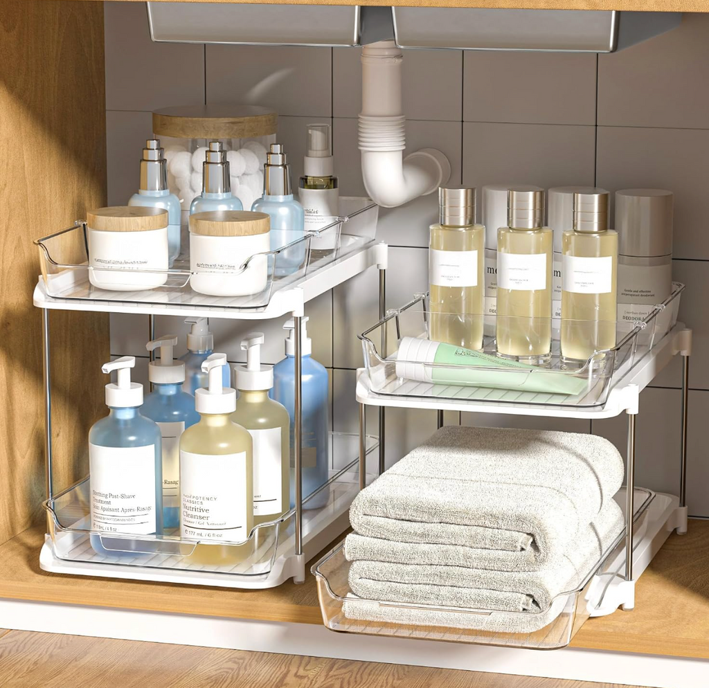 Delamu 2-Tier Multi-Purpose Bathroom Under Sink Organizers and Storage, Stackable Kitchen Pantry Organization, Pull Out Medicine Cabinet Organizer with Movable Dividers, White