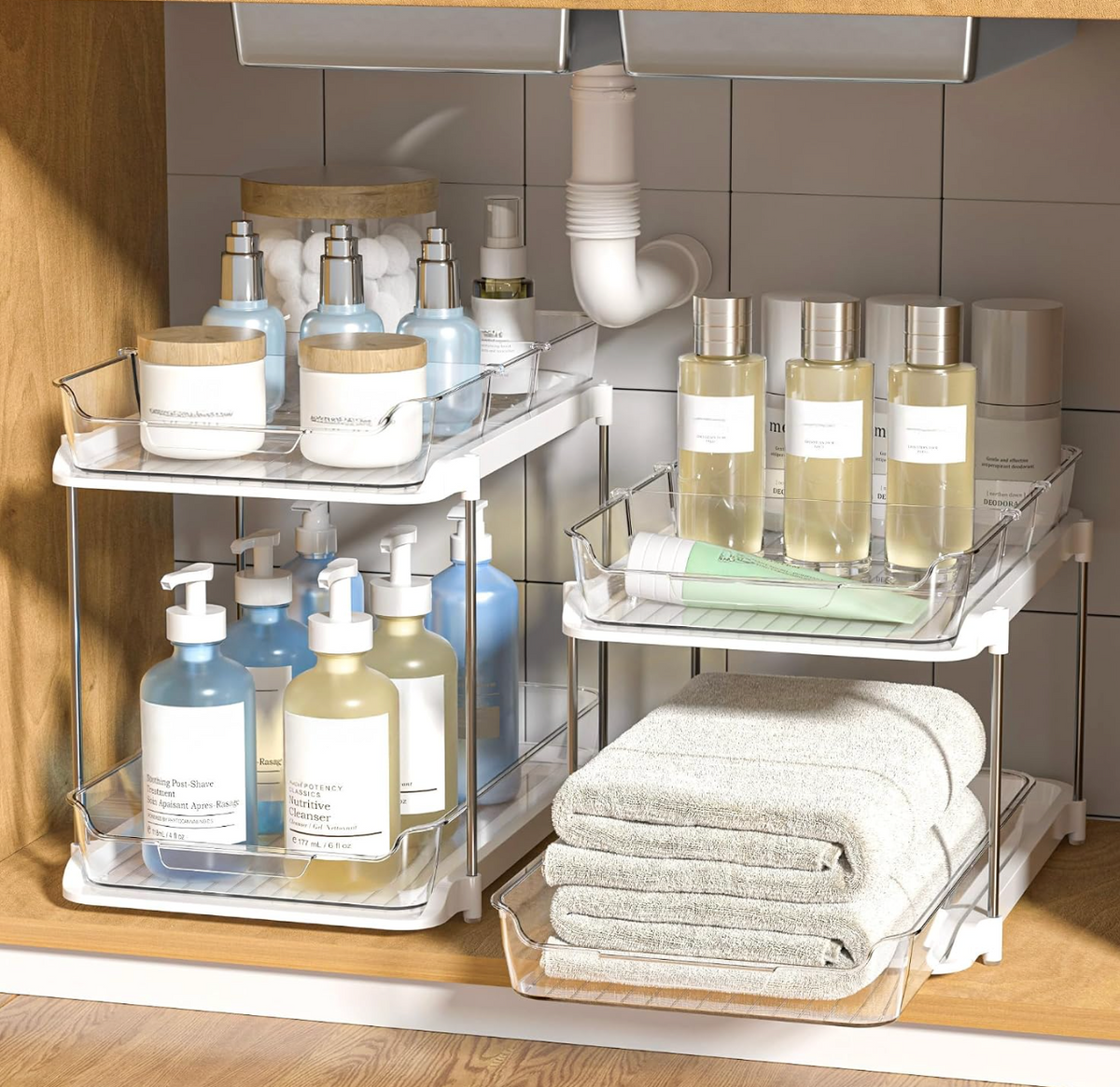 Delamu 2-Tier Multi-Purpose Bathroom Under Sink Organizers and Storage, Stackable Kitchen Pantry Organization, Pull Out Medicine Cabinet Organizer with Movable Dividers, White