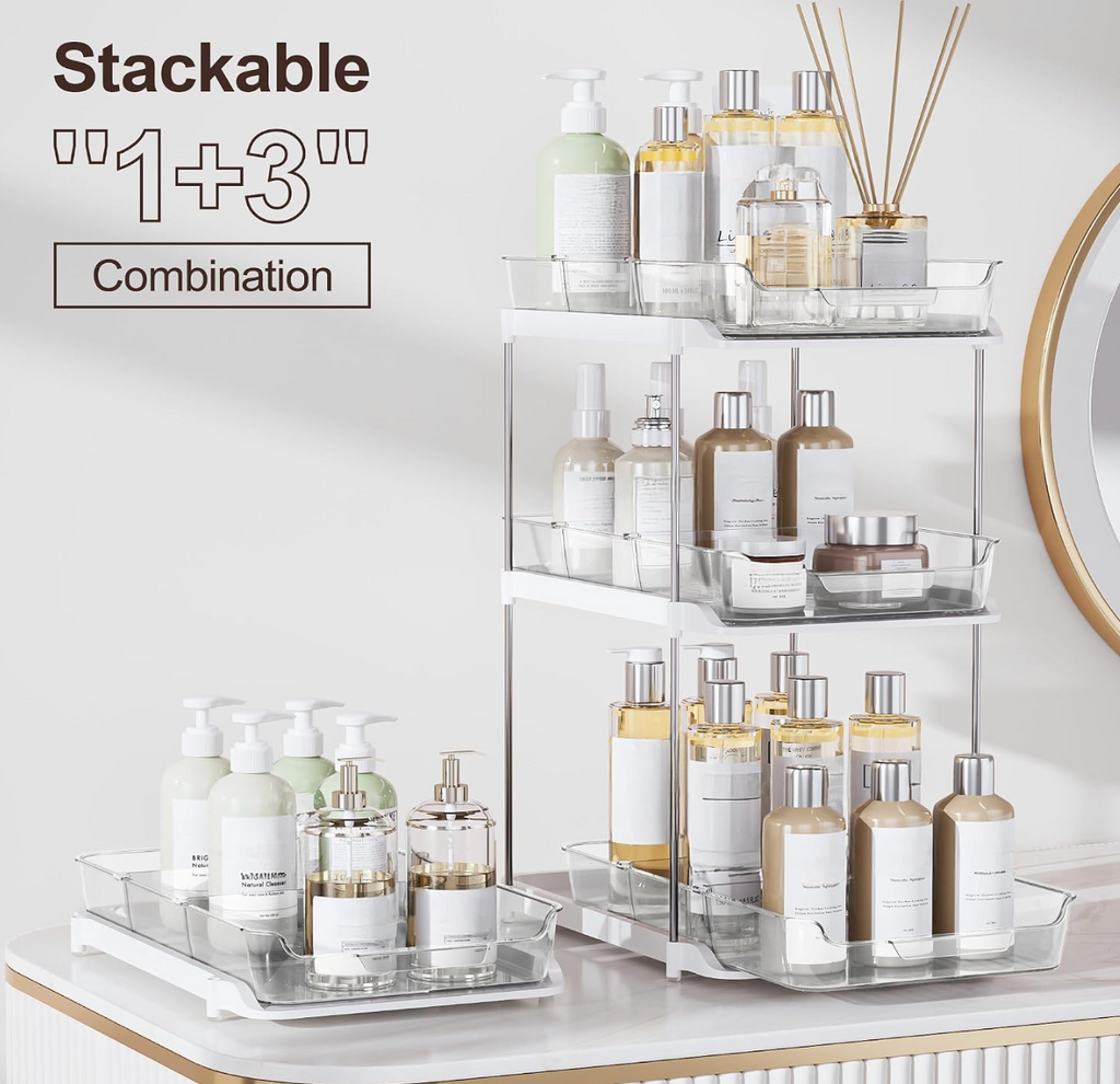 Delamu 2-Tier Multi-Purpose Bathroom Under Sink Organizers and Storage, Stackable Kitchen Pantry Organization, Pull Out Medicine Cabinet Organizer with Movable Dividers, White