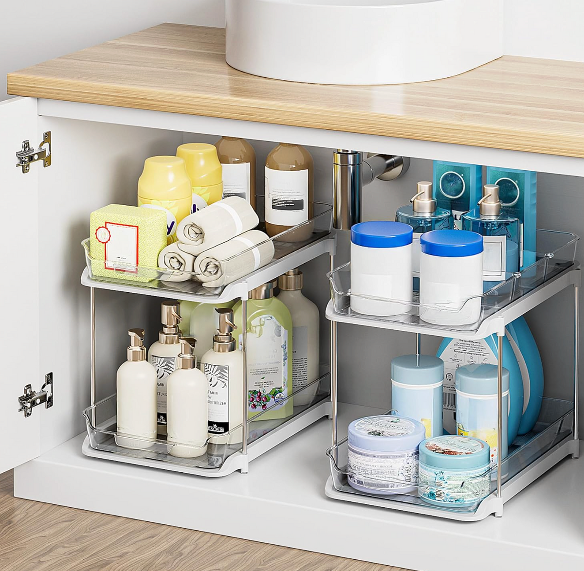 Delamu 2-Tier Multi-Purpose Bathroom Under Sink Organizers and Storage, Stackable Kitchen Pantry Organization, Pull Out Medicine Cabinet Organizer with Movable Dividers, White