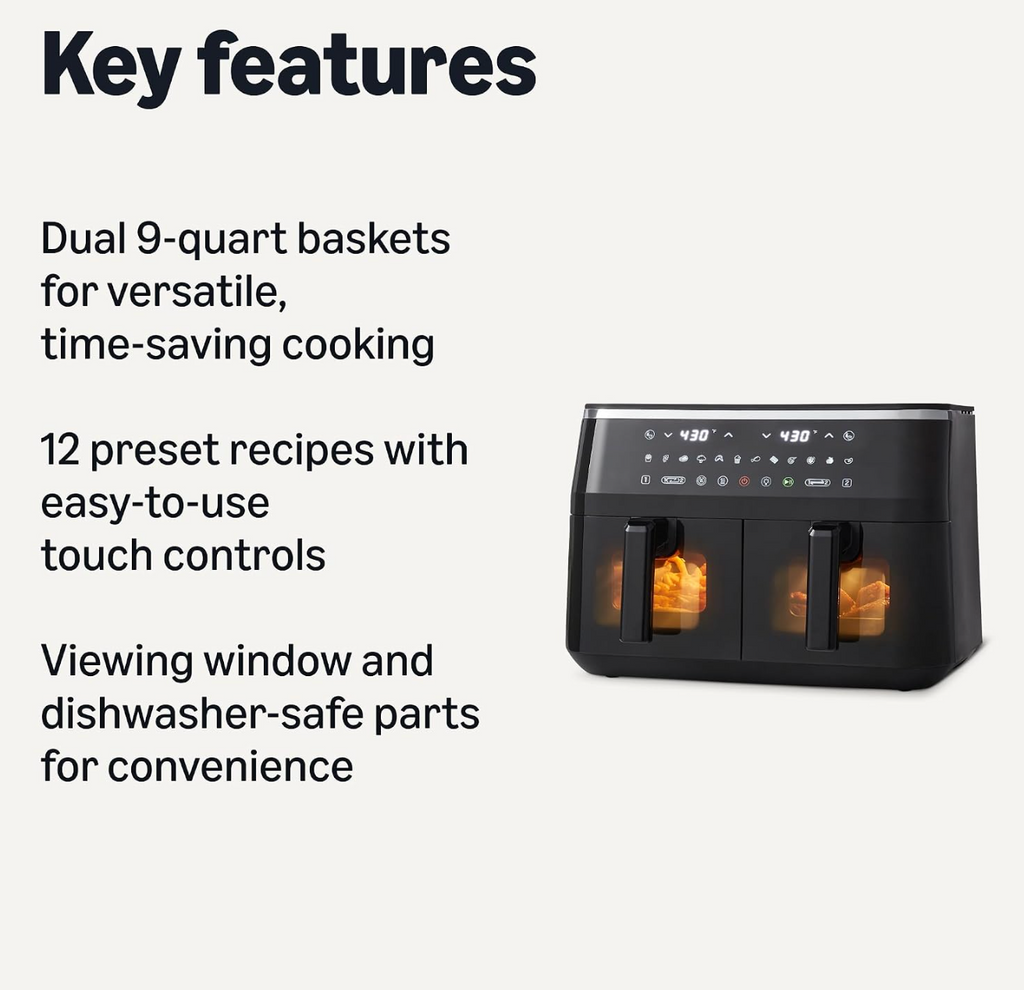 Air Fryer, 8.8QT with Dual Basket, Easy View Window, Black
