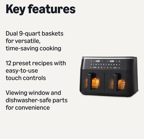 Air Fryer, 8.8QT with Dual Basket, Easy View Window, Black